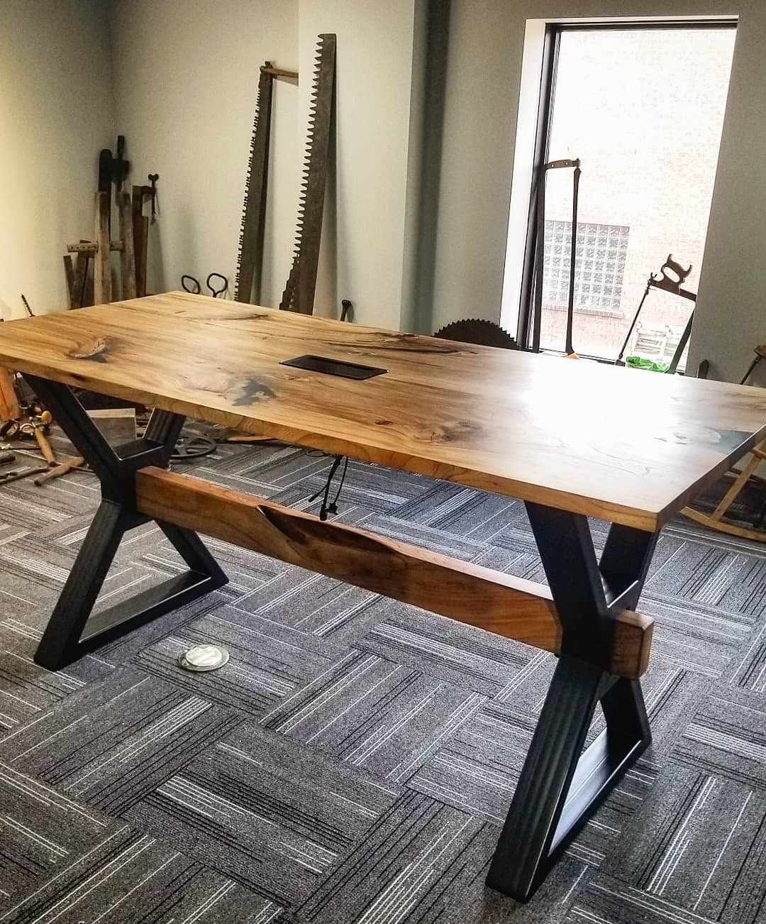 Live-edge desk on a welded steel X-leg frame